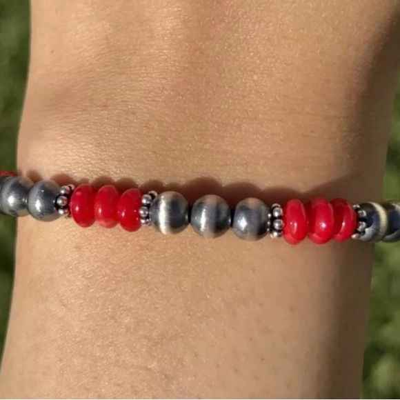 Red Coral 6mm 7 Inch Stretch Sterling Silver Pearls Bead Bracelet